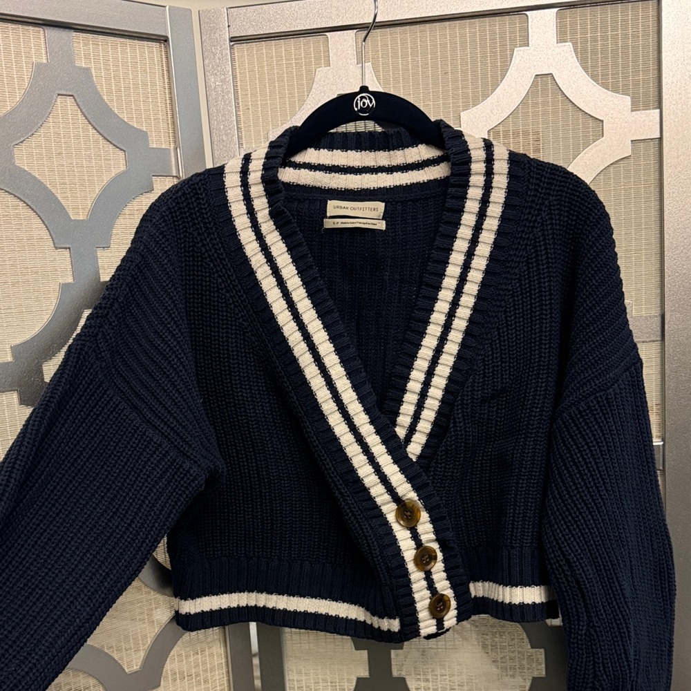 Urban Outfitters Navy and White Buttoned Cardigan